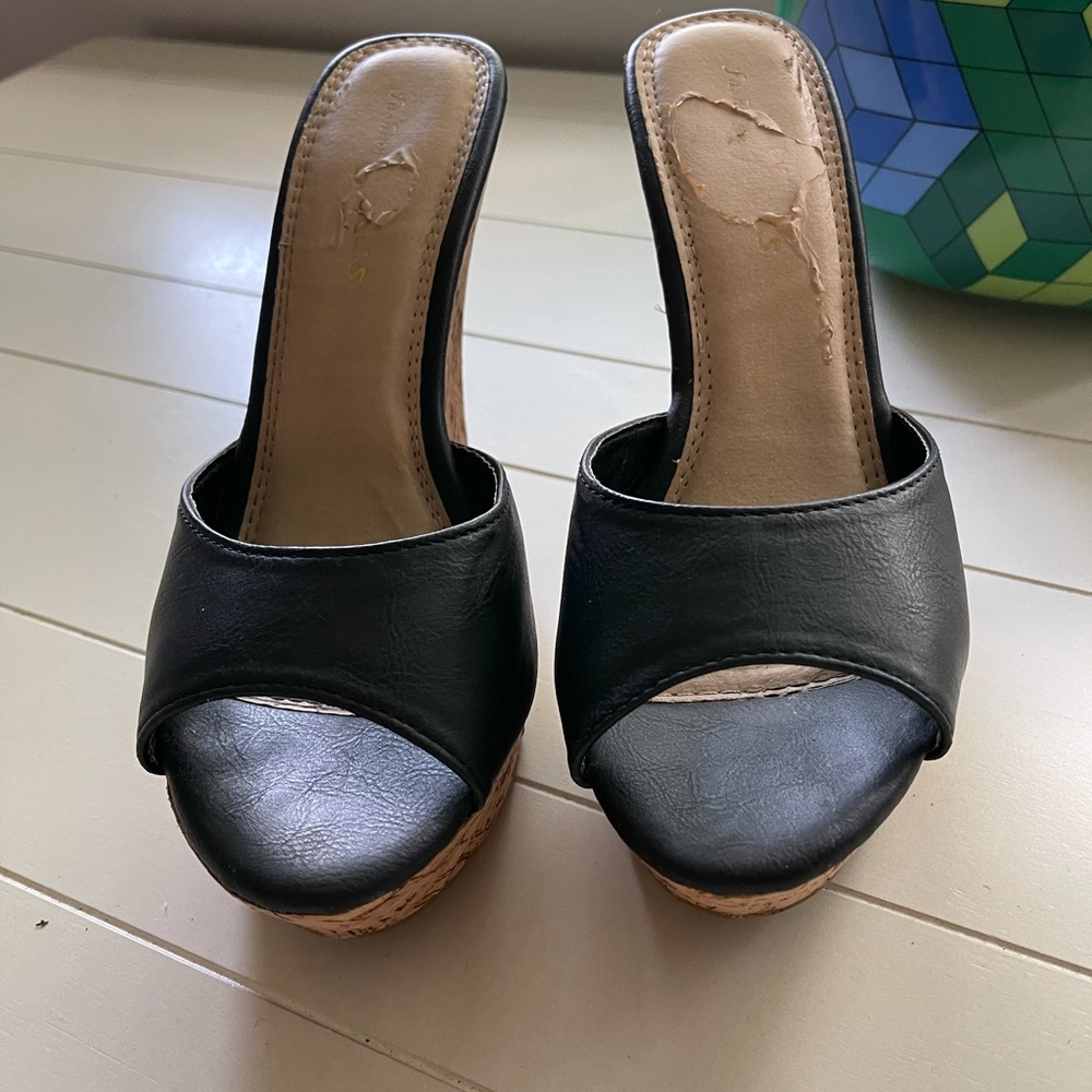 Black with Cork Wedge Heels Platform Sandals 8